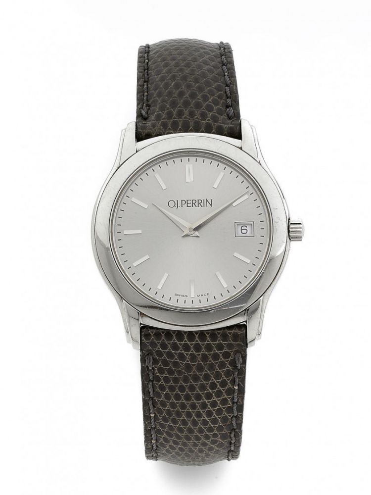 O. J. PERRIN,N° 0471,Vers 2000,Montre bracelet de dame en acier,Boitier: rond, signé,Cadran: argenté, index bâton, signé,Mouvement: quartz,Diam.: 34 mm,A stainless steel quartz lady's wristwatch,RAPPORT DE CONDITION,A la rédaction du catalogue le mouvemen