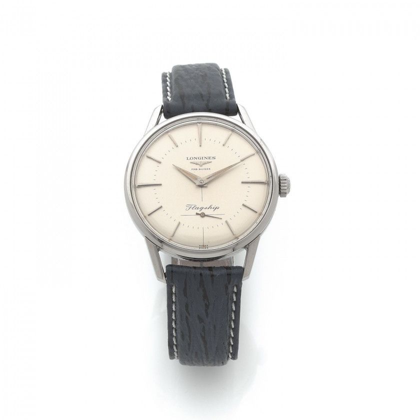 LONGINES,Flagship, ref. 102, n° 10484858,Vers 1958,Montre bracelet en acier,Boîtier: rond, fond vissé, signé,Cadran: argenté, index bâton appliqués, petite trotteuse, signé,Mouvement: mécanique cal. 30L, 17 rubis, signé,Diam.: 35,5 mm,Veuillez noter qu'il