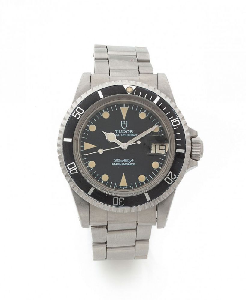 TUDOR,Submariner Prince Oysterdate, ref. 76100, n°121069,Vers 1984,Montre bracelet de plongé en acier,Boîtier: rond, lunette tournante graduée, signé,Cadran: noir, index et aiguilles luminecents, date à guichet, trotteuse centrale, signé,Mouvement: automa