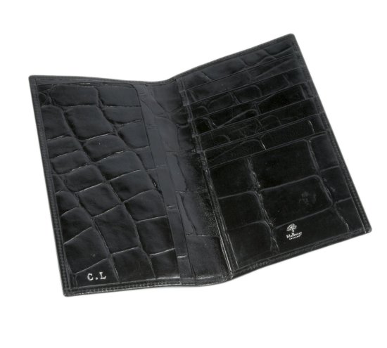 MULBERRY England porte-cartes (6) porte-billets (2) en cuir noir, surpiqures noires, dimensions 19 x 10,5 cm. Excellent 