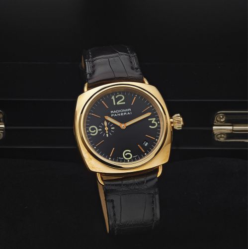 PANERAI PAM 103 RADIOMIR PINK GOLD. Officine Panerai, Firenze 1860, "Radiomir" No. E 065 /. 500, case No. BB1050523, Ref. OP 6564. Made in a limited. edition of 500 pieces in 2002.. Very fine, large, cushion-shaped, self-winding, waterresistant. 18K pink 