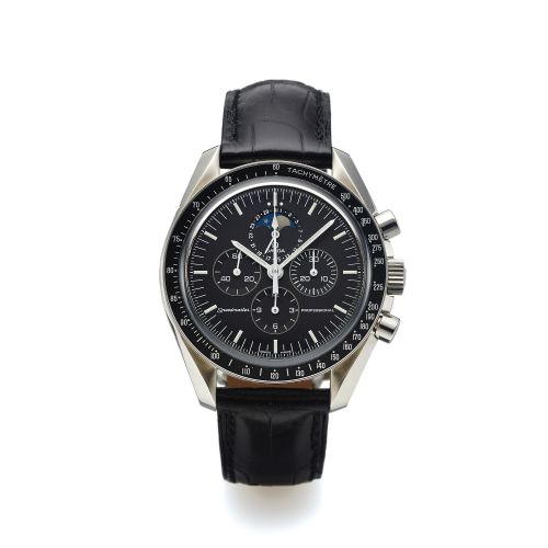OMEGA REF. 35765000. SPEEdMASTER MOON PHASE. Omega, "Speedmaster Professional" movement and case. No. 77078741, Ref. 35765000. Made in the 2000s. Fine. asymmetric, water-resistant, stainless steel wristwatch with. round button chronograph, moon phases, da
