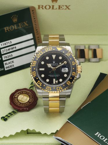ROLEX REF. 116713 STEEL GOLD GMT MASTER II. Rolex, "Oyster Perpetual Date, GMT-MASTER II, Superlative. Chronometer Officially Certified" Ref. 116713. Made in 2011, sold. August 24th, 2012.. Fine, two time zone, self-winding, center seconds, water-resist