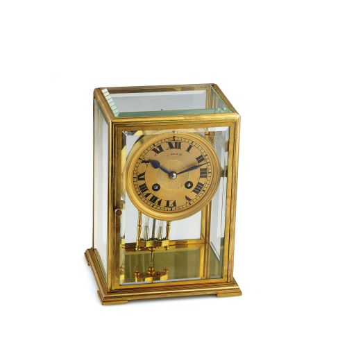 JAPY FRERES RETAILED BY TIFANY CO.. Japy Freres, France, retailed by Tiffany Co., New York.. No. 13384. Made in the 1900s.. Rectangular gilt brass and beveled glass striking mantel. clock with mercury pendulum.