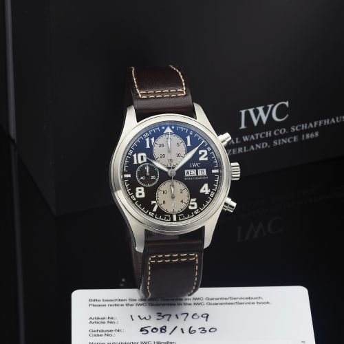 IWC REF. 3717 PILOT'S SPITFIRE CHRONO-AUTOMATIC ST. EXUPERY, STEEL. International Watch Co., Schaffhausen, No. 0508 / 1630, case No. 3165957, Ref. 3717.. Made in a limited Saint Exupery series of 1630 pieces in 2006, sold January 22nd, 2007.. Fine, self-w