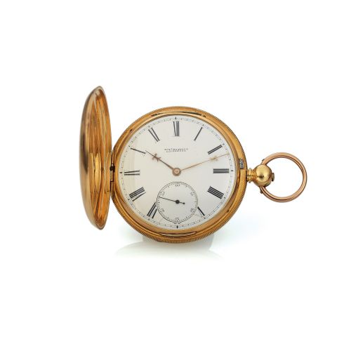 ROB ROSK ELL HUNTING CASED POCKET. WATCH YELLOW GOLD. Robert Roskell, Liverpool, No. 63309. Made circa 1820.. Very fine and rare, hunting-cased, key-wound, 18K. yellow gold pocket watch.