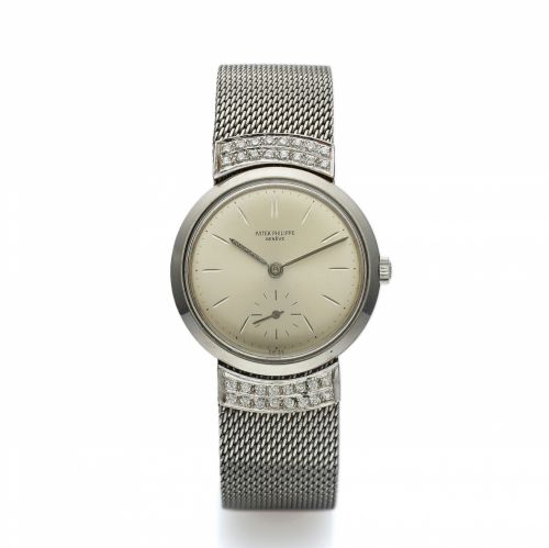 PATEK PHILIPPE REF. 3419. STAINLESS STEEL DIAMONDS. Patek Philippe, Genève, No. 729264, case No. 2619782. Ref. 3419. Made circa 1960.. Very fine and rare, water-resistant, antimagnetic, stainless. steel wristwatch with a stainless steel mesh strap. brac