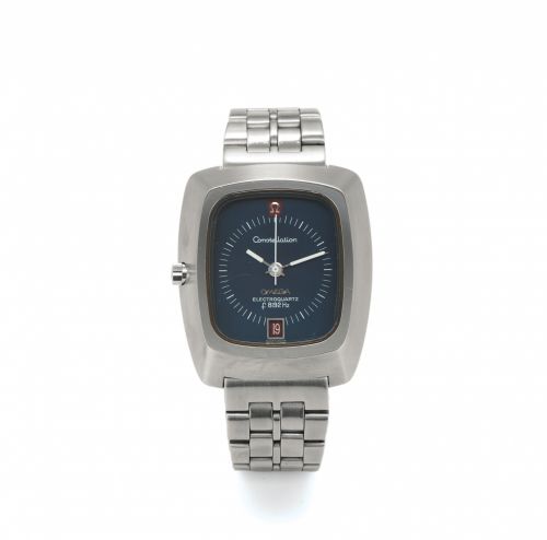 OMEGA REF.196.005 CONSTELLATION ELECTRO QUARTZ STEEL. Omega, "Constellation" Electroquartz F 8192 Hz, Ref. 196.005. Made circa 1970s.. Fine, center seconds, water proof, asymmetric rectangular, stainless steel electronic. wristwatch with date and a stainl