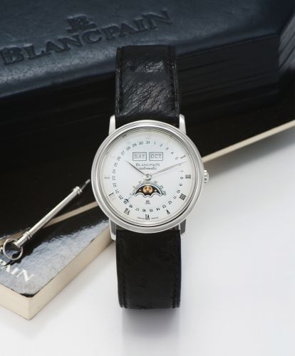 BLANCPAIN REF. 6595 TRIPLE DATE STEEL. Blancpain, Triple Date Automatic, No. 739, Ref. 6595. Made. circa 1990s.. Fine, self-winding, water-resistant, stainless steel wristwatch with triple date, moon phases, age of the moon and a. stainless steel Blancpai