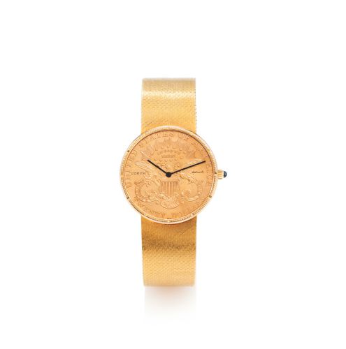 CORUM 20 DOLLAR COIN WATCH YELLOW GOLD. Corum, Coin Watch, No. 104111, case No. 126220. Made in the 1980's.. Fine, thin, self-winding, 18K yellow gold wristwatch with 18K yellow. gold Corum integrated bracelet and inserted in a $20 US gold coin. dated 190