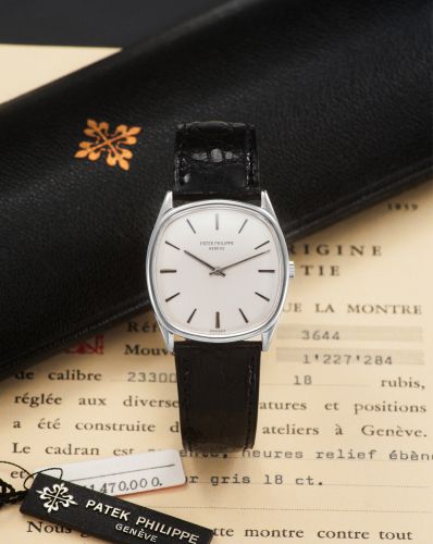 PATEK PHILIPPE REF. 3644 WHITE GOLD. Patek Philippe Co, Genève, No. 1227284, case No. 2746270. Ref. 3644. Sold on May 12th, 1976.. Fine and unusual, square, manual-winding, 18K white gold. wristwatch with 18K white gold Patek Philippe buckle.. Accompani