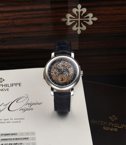 PATEK PHILIPPE REF 5104 MINUTE REPEATER PERPETUAL. RETROGRADE CALENDAR SKELETONIZED PLATINUM. Patek Philippe, Genève No. 5000313, case No. 4521383, Ref. 5104P. Sold on July 20, 2011.. Extremely fine, rare and important, minute-repeating, astronomic, self-