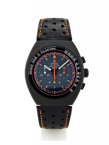 OMEGA SPEEDMASTER MARK II CUSTOMIZED BY MOONTIME, NO 01/10.Omega, Speedmaster Professional, Mark II, movement No. 30991923, case No. 122740.Ref. ST 145.014. Made in a limited edition of 10 pieces circa 2010..Fine, water-resistant, tonneau-shaped, PVD-coat