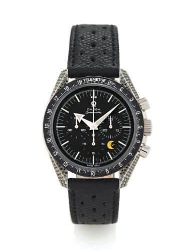 OMEGA SPEEDMASTER CUSTOMIZED BY MOONTIME, NO. 01/10.Omega, Speedmaster, MoonTime, No. 48328359, Ref. ST 145.0222. Made in a limited.edition of 10 pieces circa 2000..Fine, asymmetric, water-resistant, stainless steel gentleman`s wristwatch with round-butto