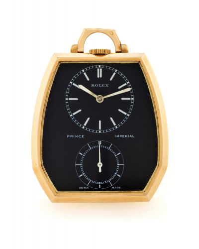 ROLEX PRINCE IMPERIAL REF 1645 BLACK DIAL.Rolex, Prince Imperial, Ref. 1645, case No. 4810..Made circa 1940..Fine and rare, 18k yellow gold keyless pocket watch.with Class A Observatory movement.