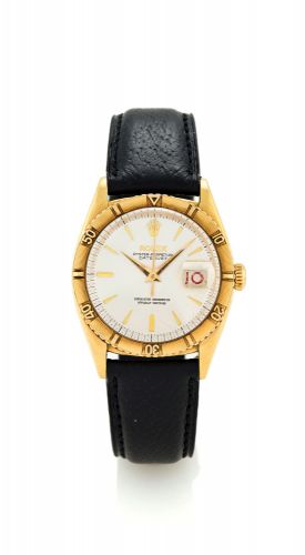 ROLEX REF 6309 THUNDERBIRD YELLOW GOLD.Rolex, Oyster Perpetual, DateJust, Superlative Chronometer Officially Certified, Ref. 6309, case No.103160. Made in 1955..Fine and rare, tonneau-shaped, center seconds, self-winding, water-resistant, 18K yellow.gold 