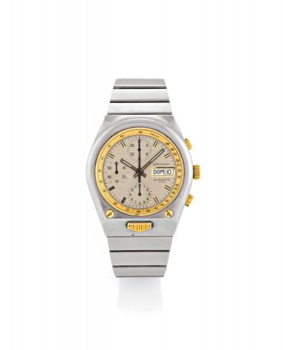 HEUER REF. 750.705 KENTUCKY AUTOMATIC CHRONOGRAPH DAY/DATE.Heuer, Kentucky, Automatic, case No. 388965, Ref. 750.705. Made circa 1977..Fine, tonneau shaped, water resistant, self-winding, stainless steel and yellow gold wristwatch, round.button chronograp