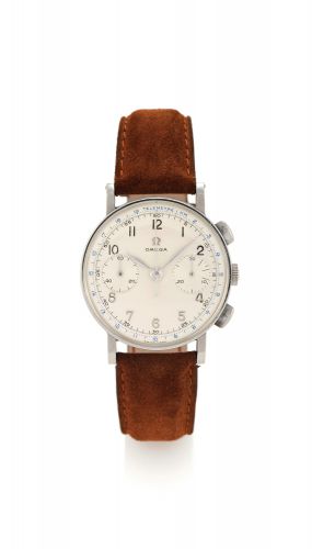 OMEGA REF 2393/2 STEEL.Omega, movement No. 11028536, Ref. 2393/2. Made circa in 1947..Fine and rare, stainless steel chronograph wristwatch with olive button.chronograph, 30-minute register and telemetre.