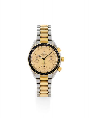 OMEGA SPEEDMASTER STEEL AND GOLD.Omega, Speedmaster Automatic, Ref. 175.00.32. Made circa.1990..Fine, self-winding, water-resistant, stainless steel and yellow.gold wristwatch with round button chronograph, registers.and a stainless steel and gold Omega b