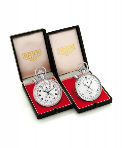 HEUER SPLIT-SECONDS CHRONOGRAPH.SEMICROSPLIT STOPWATCH.A) Heuer, Swiss. Made in the 1960s..Fine, chromed keyless 1/5th second split-seconds watch.with tachometer and 30-minute register and a chromed.`Semicrosplit` keyless 6-second split-seconds stopwatch.