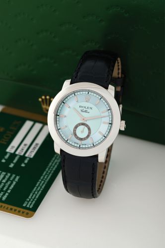 ROLEX CELLINI PLATINUM.Rolex, Cellini, case No. D753926, Ref. 5241/6. Sold on October 25th, 2012..Fine and rare, self-winding, platinum wristwatch with a platinum Rolex buckle..Accompanied by fitted box, guarantee card and booklet.