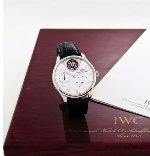 IWC PORTUGUESE TOURBILLON MYSTERE PLATINUM.International Watch Co., Schaffhausen, Portuguese Tourbillon Mystère, No. 25/50, case No. 3025622, Ref. 5042..Made in a limited edition of 50 pieces in 2004, sold on April 1st, 2005..Very fine and rare, large, se