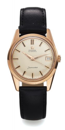 OMEGA SEAMASTER REF. 14701 PINK GOLD.Omega Automatic, Seamaster Calendar, No. 180008798.Ref. 14701 SC. Made circa 1960..Fine, center seconds, self-winding, water-resistant.18K pink gold wristwatch with date.