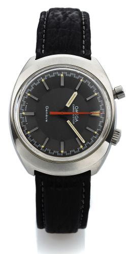 OMEGA REF. 145.010 DRIVER'S CHRONOSTOP STEEL.Omega, Chronostop, No. 26574921, Ref. 145.010. Made circa 1968..Fine, tonneau-shaped, water-resistant, stainless steel driver's.wristwatch with single round button chronograph and a steel.Omega buckle.