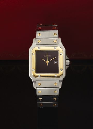 CARTIER REF. AC 2380 STEEL GOLD BURGUNDY DIAL.Cartier, Santos, Automatic, case No. 296138531, Ref. AC 2380..Made in the 1990s..Fine, square, center seconds, self-winding, water-resistant.stainless steel and 18K yellow gold mid-size wristwatch with.date 