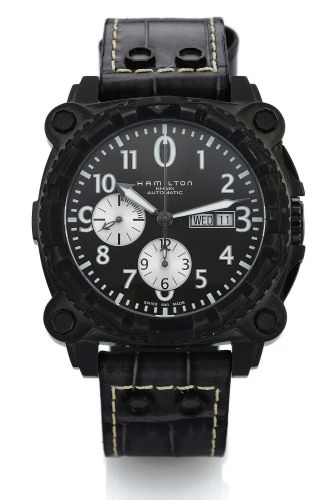 HAMILTON KHAKI AUTOMATIC.CHRONOGRAPH DAY DATE PVD-COATED.Hamilton, Khaki, Automatic, Ref H786960. Made circa 2011..Fine and unusual, tonneau-shaped, oversized, self-winding.water-resistant, stainless steel wristwatch with day date, square.button chron
