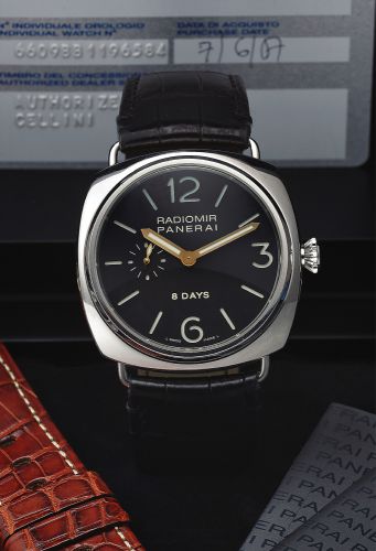 PANERAI PAM 00190 RADIOMIR 8 DAYS STEEL.Officine Panerai, Firenze 1860, 8 Days, No. I 238 / 500, Ref. OP.6609. Made in a limited edition of 500 pieces in 2006..Fine and rare, large, cushion-shaped, water-resistant.stainless steel diver's wristwatch with a