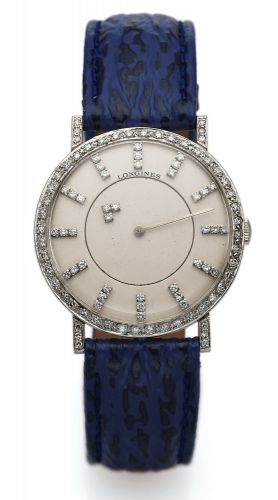 LONGINES REF. 167B-528 MYSTERY, WHITE GOLD DIAMONDS.Longines, cased by Longines-Wittnauer Watch Co., New York-.Montreal, movement No. 50755291, case No. 884083, Ref. 167B-528..Made in the 1950s..Fine and unusual, 18K white gold and diamond wristwatch.