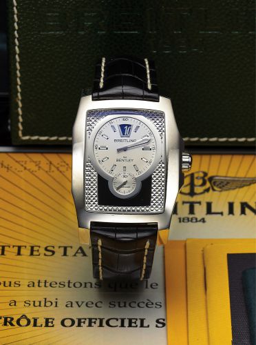 BREITLING REF. A28362 FOR BENTLEY, JUMP HOUR.Breitling, For Bentley, Flying B Chronometer, Officially Certified.Chronometer, case No. 2154951, Ref A28362. Made circa 2006..Fine, oversized, rectangular curved, jump-hour, self-winding.water-resistant, stain