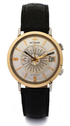 LECOULTRE MEMOVOX WORLDTIME STEEL GOLD.LeCoultre, Memovox Worldtime. case No. 1187624..Produced in the 1950's..Fine, center-seconds, bumper self-winding, stainless steel.and gold wristwatch with World Time and an alarm.