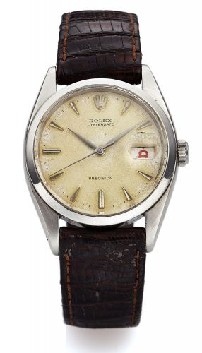 ROLEX REF. 6494 OYSTERDATE.ROULETTE DATE STEEL.Rolex, Oysterdate, Precision, case No. 394491, Ref. 6294..Made in 1958..Fine and very rare, center seconds, water-resistant, stainless.steel wristwatch with date and a stainless steel Rolex buckle.