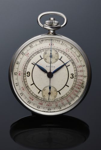 ROLEX REF. 2801 SINGLE BUTTON CHRONOGRAPH STEEL.Rolex, Genève, Chronograph, case No. 25684, Ref. 28D1. Made in the 1940s..Very fine and extremely rare, stainless steel Staybrite pocket watch with co-axial button.chronograph, register, tachometer and telem