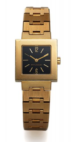 BULGARI REF. SQ 22 G, LADY'S PINK GOLD.Bulgari, Ref. SQ 22 G. Made in the 2000s..Fine, square, water-resistant, 18K pink gold lady's quartz.wristwatch with an integral 18K pink gold Bulgari link.bracelet with concealed deployant clasp.