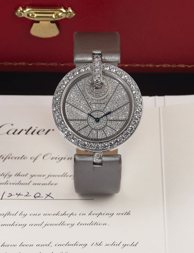 CARTIER REF. 3120 WHITE GOLD.DIAMOND COLISEE QUARTZ.Cartier, Paris, case No. 842420X. Made in the 2000's..Very fine, water-resistant, 18K white gold and diamond quartz wristwatch with.an 18K white gold Cartier double deployant clasp. Accompanied by the or