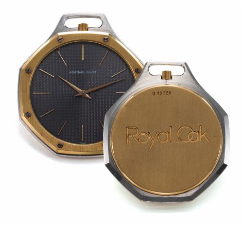 AUDEMARS PIGUET ROYAL OAK.POCKET WATCH STEEL AND GOLD.Audemars Piguet, Geneve, Royal Oak, movement No..227384, case No. B49723. Made circa 1979..Very rare and unusual, octagonal 18k yellow gold and.stainless steel pocket watch.