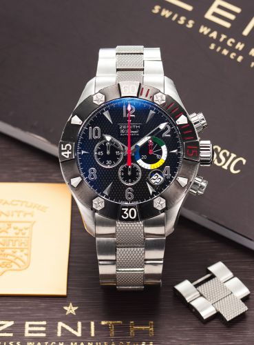 ZENITH DEFY CLASSIC CHRONO AERO STEEL.Zenith, Defy Classic Chrono Aero, El Primero, Automatic..Made circa 2006..Fine, oversized, self-winding, water-resistant, stainless steel.wristwatch with round-button chronograph, registers, date.and a stainless steel