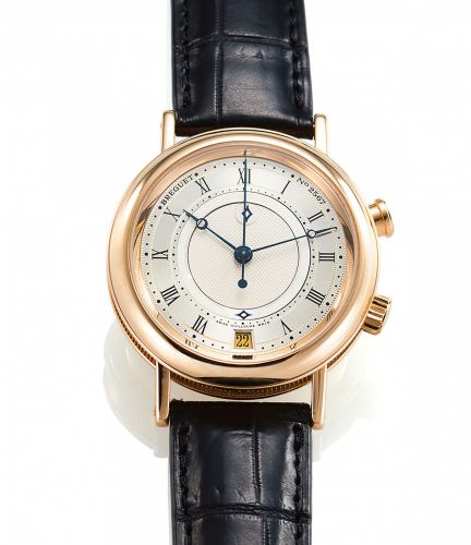 BREGUET REF. 3600 ALARM YELLOW GOLD.Breguet, Alarm, No. 2567G, Ref. 3600. Made in the late 1990s..Very fine, center-seconds, self-winding, 18K yellow gold wristwatch with alarm, date, two crowns and an 18K yellow gold Breguet buckle.