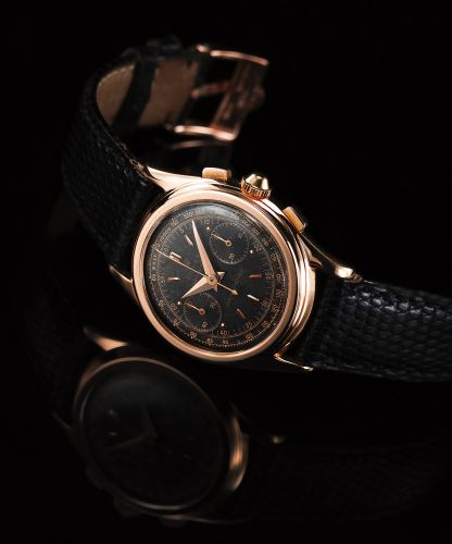 ROLEX REF. 3055 PICCOLINO PINK GOLD.Rolex, Chronographe, Anti- Magnetique, Ref. 3055. Made circa 1952..Very fine and extremely rare, small, 18K pink gold wristwatch with.square-button chronograph, register, tachometer and a Rolex gold.plated buckle.