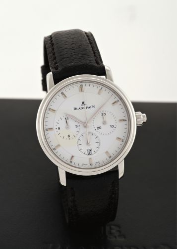 BLANCPAIN SINGLE-BUTTON CHRONOGRAPH.Blancpain, 1735, Villeret, Chronographe Mono Poussoir.No. 327, Ref. 6185. Made in the 1990s..Very fine, self-winding, water-resistant, stainless steel wristwatch with single co-axial button chronograph, registers and da