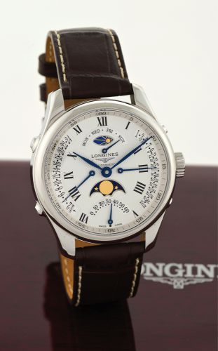 LONGINES - MASTER COLLECTION STEEL RETROGRADE GMT AUTOMATIC.Longines, Swiss, Master Collection Retrograde Automatic, No. 37252435, Ref. L2.738.4..Sold on May 31, 2013..Fine, two-time-zone, self-winding, water-resistant, stainless steel wristwatch with.ret