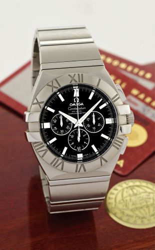 OMEGA DOUBLE EAGLE CO-AXIAL CHRONOMETER Omega, Constellation Double Eagle, Co-Axial, Chronometer, case No..78062684, Ref. 15145100. Sold on December 30, 2006..Fine, large, tonneau-shaped, self-winding, water-resistant, stainless.steel wristwatch with squa