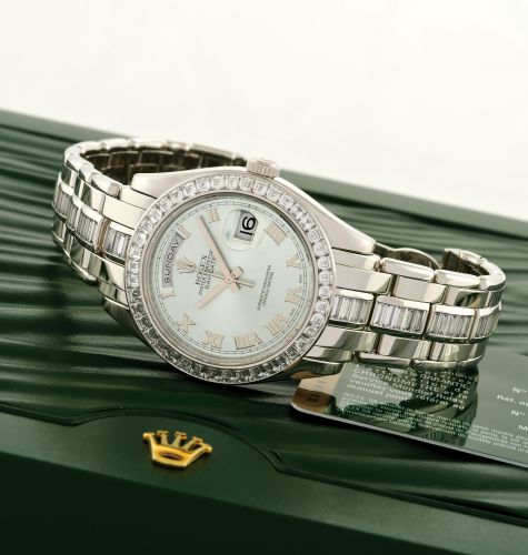 ROLEX, REF. 18956BR - SPECTACULAR SPECIAL EDITION.PLATINUM DIAMOND DAY-DATE.Rolex, Oyster Perpetual Day-Date, Superlative Chronometer Officially Certified, case.No. M597313, Ref. 18956BR. Sold by Bucherer, Geneva on February 10, 2010..Extremely fine and