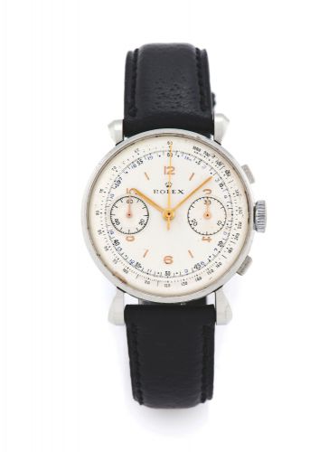 ROLEX, REF 4099 CHRONOGRAPH STEEL.ROLEX REF. 4099 Rolex, Chronographe, Anti-Magnetic, No. 583145.Ref. 4099. Made circa 1944..Very fine and rare, stainless steel wristwatch with square button.chronograph, register, tachometer and telemeter.
