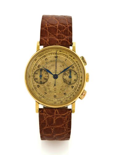 OMEGA - CHRONO-TACHY-TELEMETER - YELLOW GOLD.Omega, movement No. 9388775, case No. 9174879, Ref. OK 2088. Made circa 1940..Fine and rare, 14K yellow gold wristwatch with olive-button chronograph, register.telemeter and two tachometer scales.