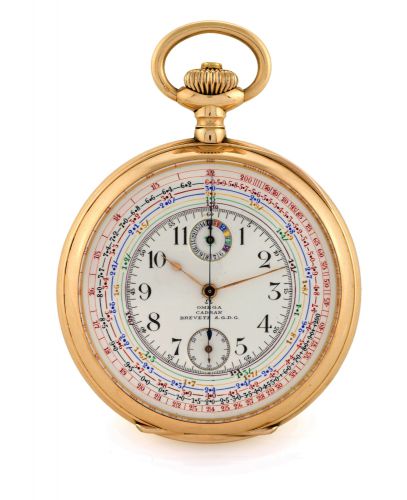 OMEGA LARGE PINK GOLD CHRONO-TACHYMETER -.COLORED MULTISCALE CHRONOGRAPH.Omega, Chrono-Tachymeter, Cadran Brevetè S.G.D.G., case No..3290634, Ref. 743.18/20. Made circa 1910..Very fine and very rare, large-size, pink gold keyless pocket watch.with chronog