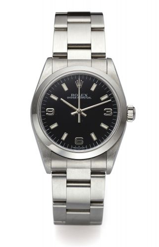 ROLEX REF. 67480.MIDSIZE OYSTER PERPETUAL STEEL.Rolex, Oyster Perpetual, case No. U993556, Ref. 67480..Made in 1997..Fine, center seconds, self-winding, water-resistant stainless.steel mid-size wristwatch with a stainless steel Oyster bracelet.
